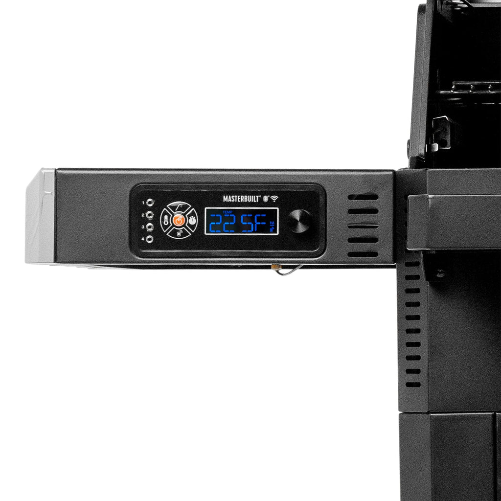 Closeup of the digital control panel. 4 meat probe ports run down the left side of the panel. A control knob is on the right side of the panel. The center has a soft-touch control panel and an LED display.