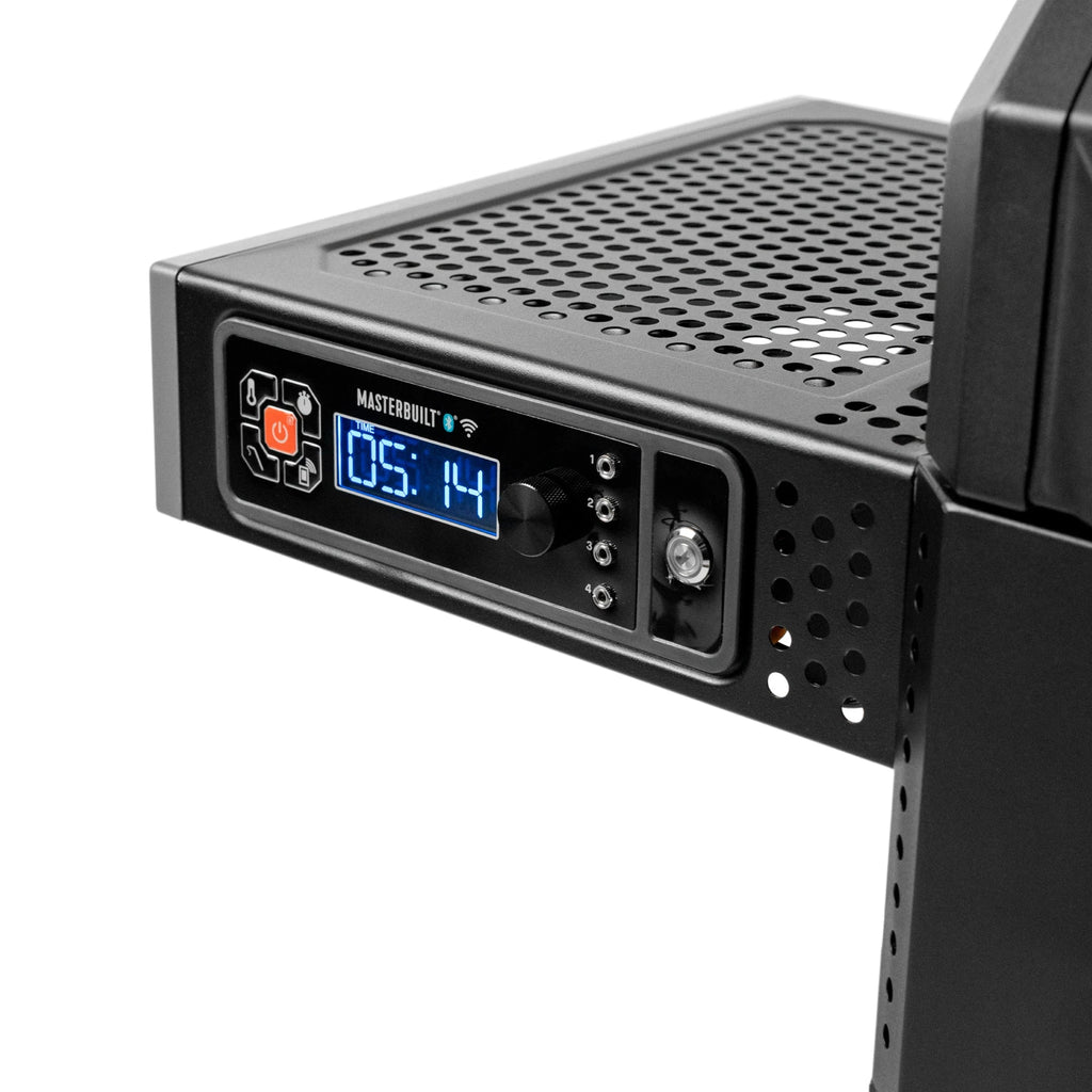 A closeup of the left shelf and control panel. The shelf is perforated with a solid border. The control panel has left to right: soft-touch control buttons, an LED display, 4 meat probes, a control knob, and the ignition button.