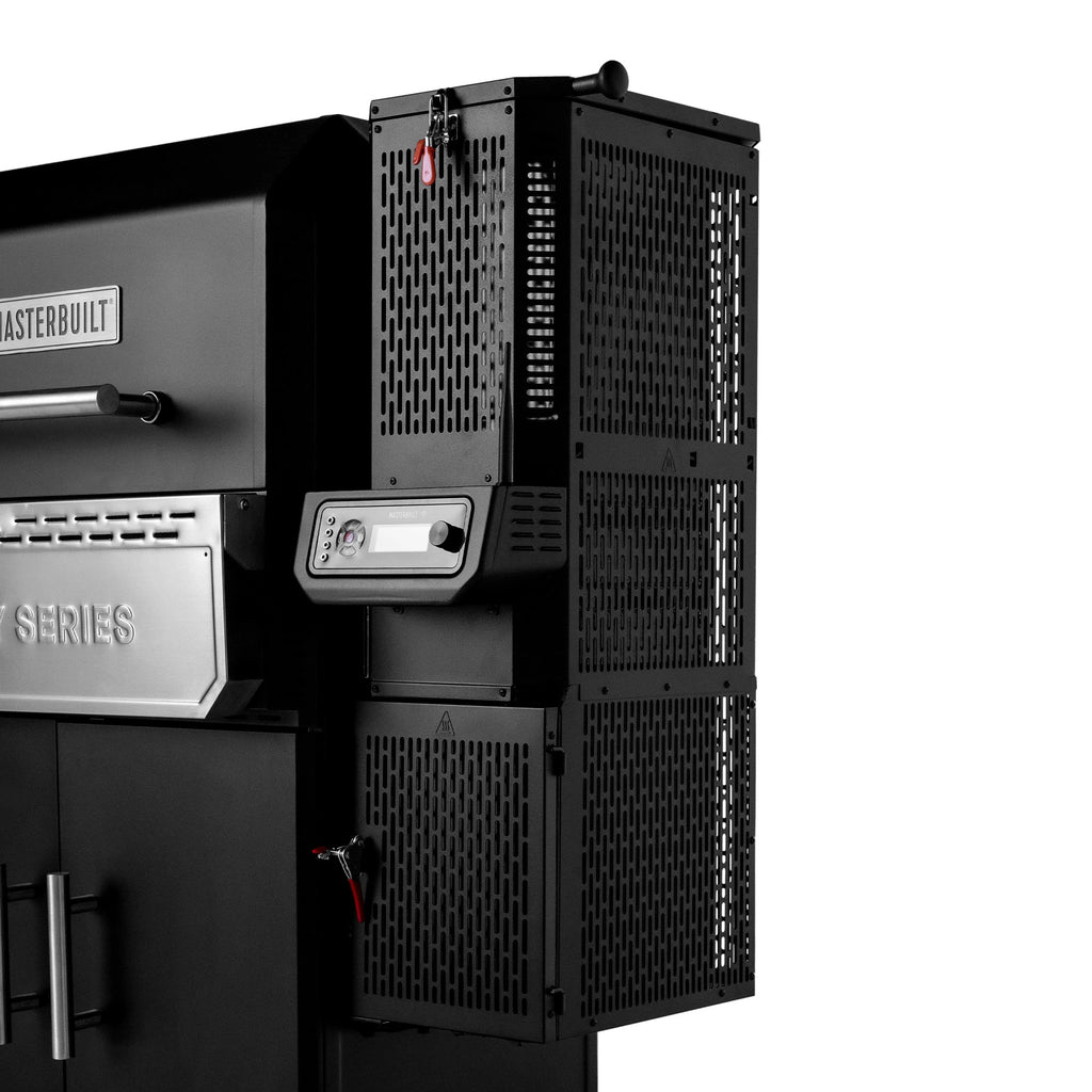 The charcoal hopper and digital control panel mounted on the right side of the grill.