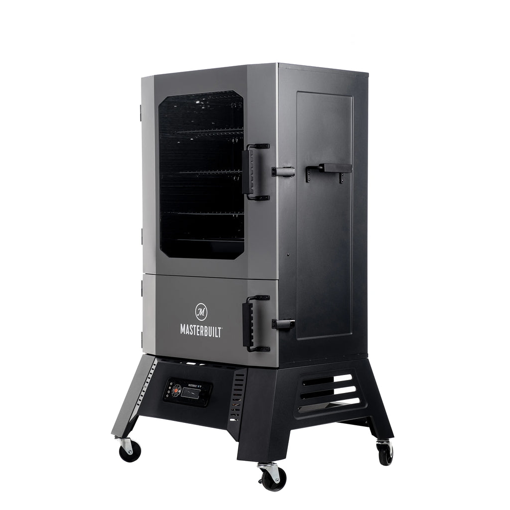 Digital Charcoal Smoker seen at an angle to show 2 handles on the right of the doors, 2 latches that securely hold the doors closed, and the smoker side handle to make moving the smoker easy.