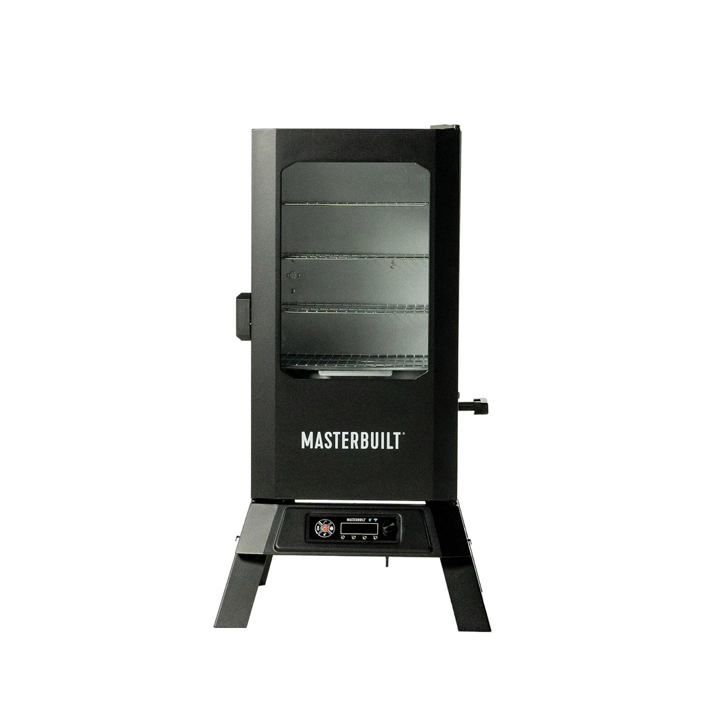 Masterbuilt 710 WiFi Digital Smoker on legs. Black with a window in the door. Door latches on left. Patented side wood chip loader is on the right. The control panel sits between the legs below the smoker.