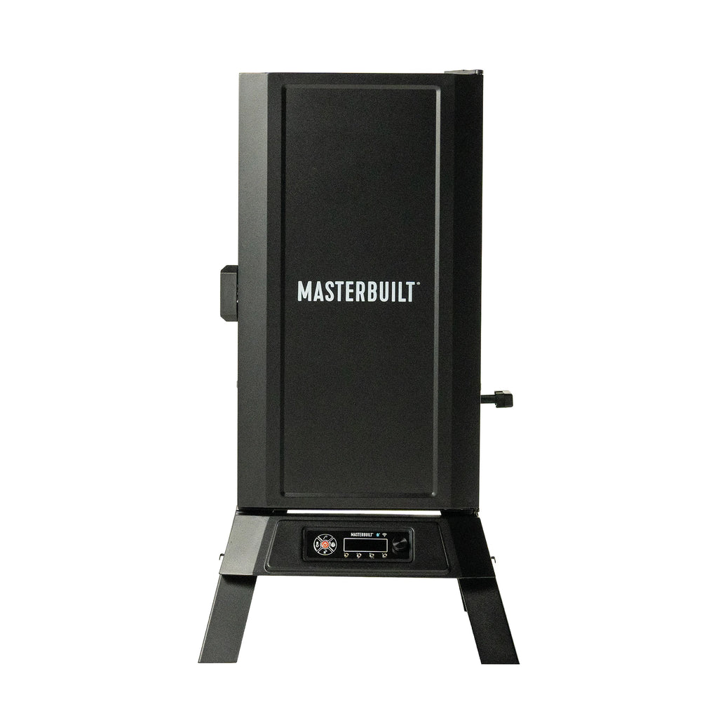 Masterbuilt 710 WiFi Digital Smoker on legs. Black with a solid door. Door latches on left. Patented side wood chip loader is on the right. The control panel sits between the legs below the smoker.