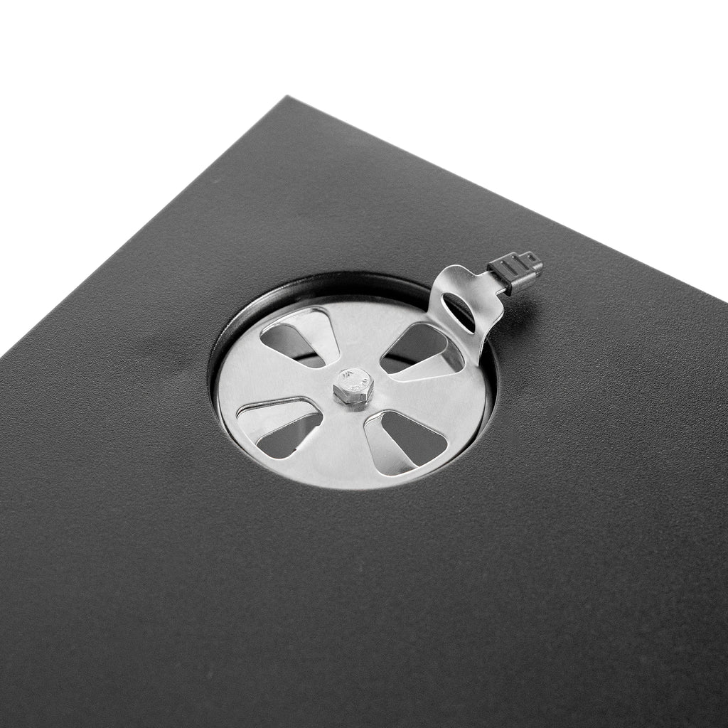 A circular adjustable air damper is mounted in the top of the smoker. The damper has a cool touch grip.