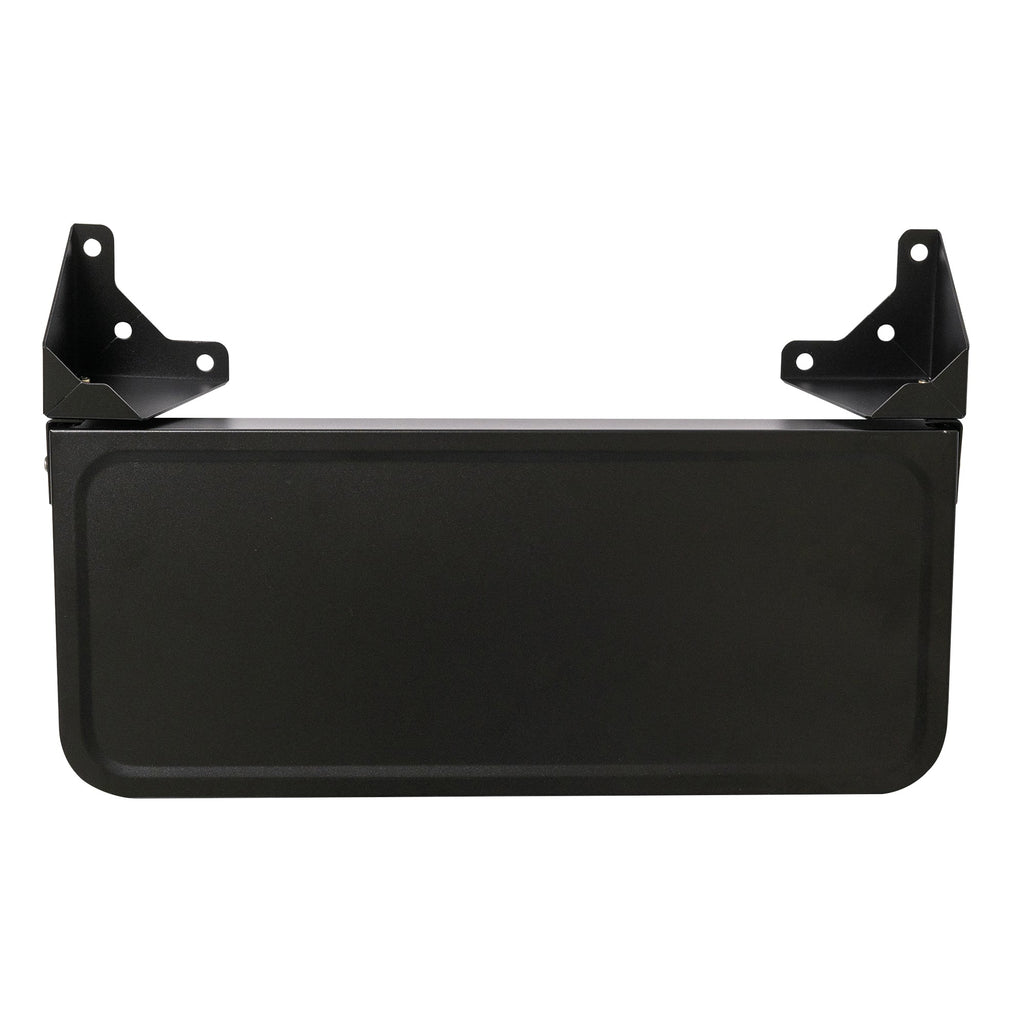 Shelf with brackets for attaching to grill, seen from top