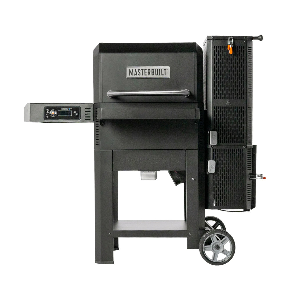 A Gravity Series 600 Grill + Smoker on a cart with 2 wheels on the right side. The charcoal hopper is mounted on the right side of the grill. A side shelf with the digital control panel below it are mounted on the left side of the grill. The grill lid has a handle that is nearly as wide as the lid.