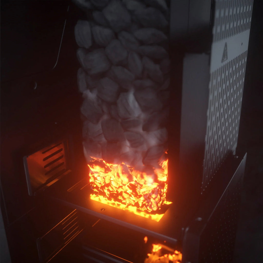 Artists rendering of the GravityFed Charcoal Hopper burning charcoal at the bottom of the hopper with unburned charcoal above it..