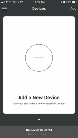 App screen displaying a circle around a plus sign in it and the text "Add a New Device" at the bottom of the screen. Click on the circle with the plus sign.