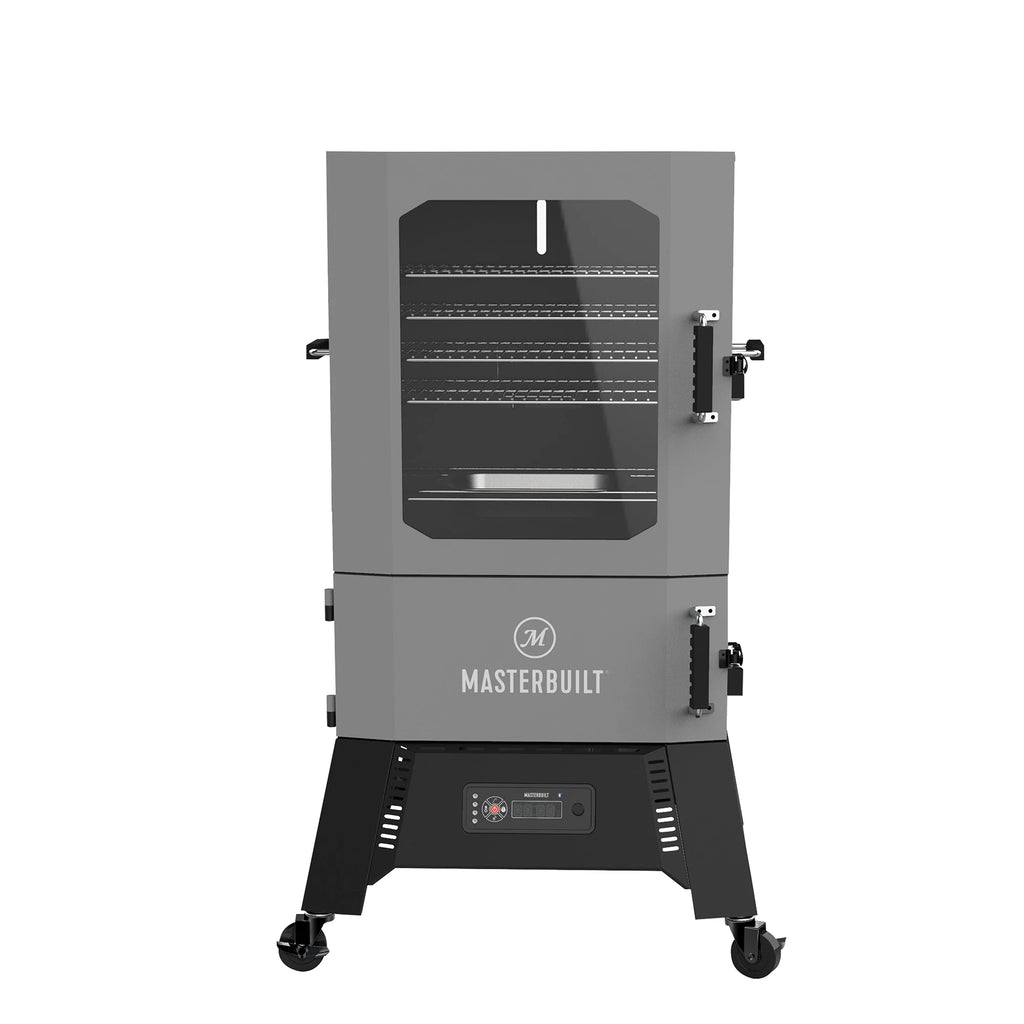 Smoker with 2 doors. Top door has window. Digital Control Panel mounted between legs of cart. Cart has locking castors.