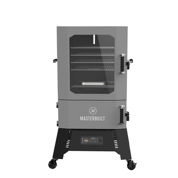 Smoker with 2 doors. Top door has window. Digital Control Panel mounted between legs of cart. Cart has locking castors.