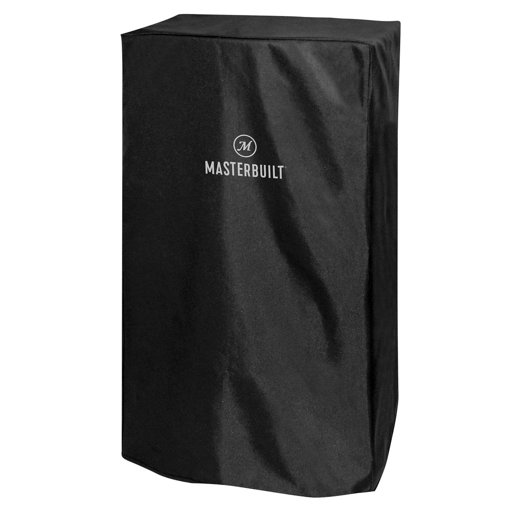 Black smoker cover with "Masterbuilt" printed in silver-grey on front