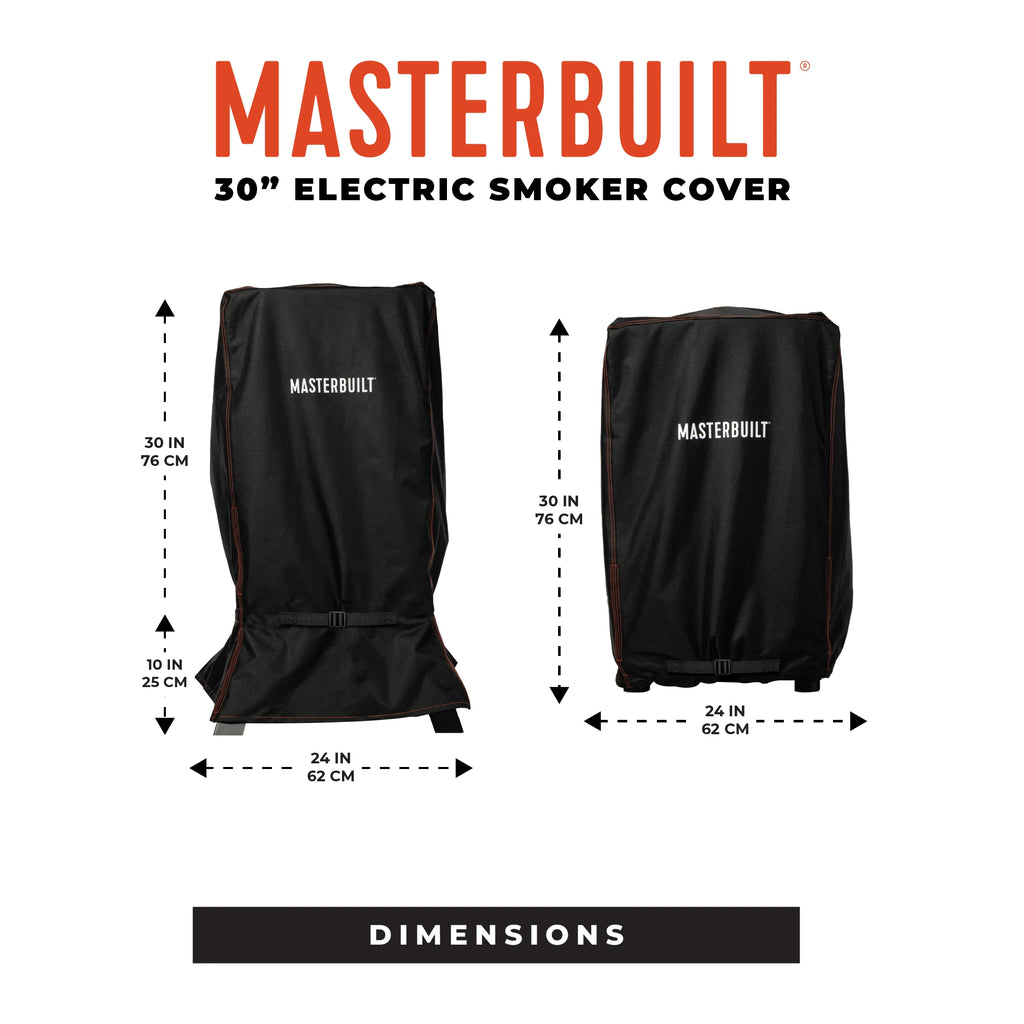 Masterbuilt 30-inch electric smoker cover with dimensions on a white background. Dimensions including skirt: width 24 inches/62 centimeters, height 40 inches/111 centimeters. Dimensions without skirt: width 24 inches/62 centimeters, height 30 inches/76 centimeters.
