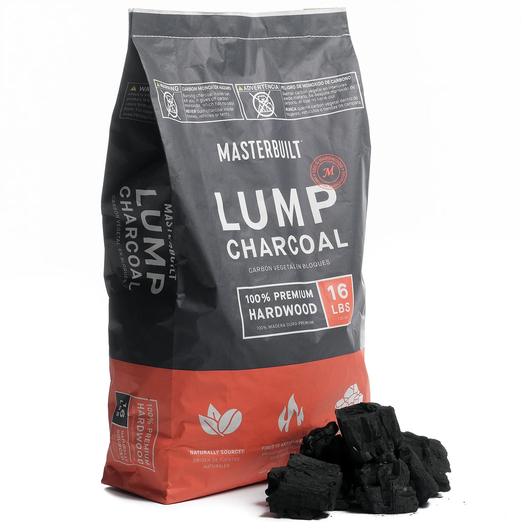 Bag of Masterbuilt lump charcoal with some charcoal piled next to it on a white background
