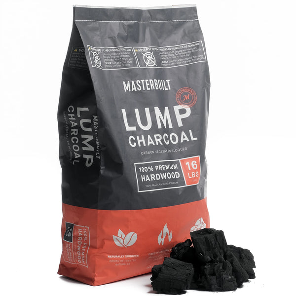 Bag of Masterbuilt lump charcoal with some charcoal piled next to it on a white background