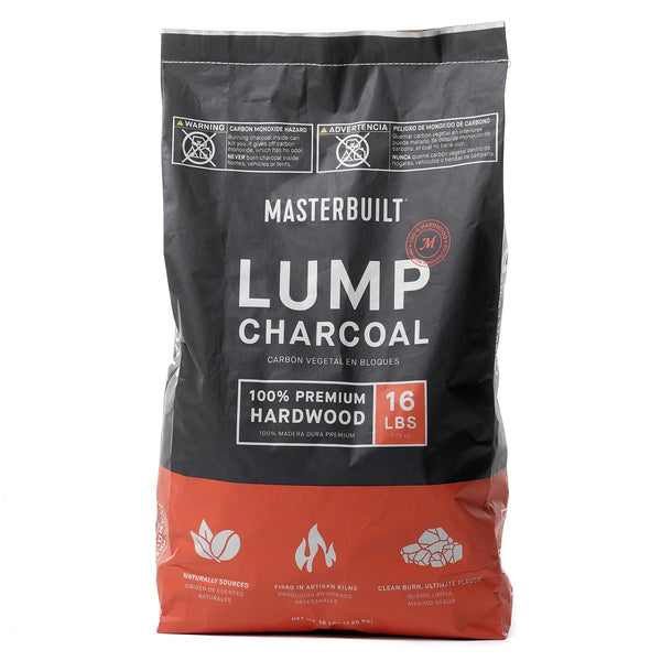 Bag of Masterbuilt lump charcoal on a white background