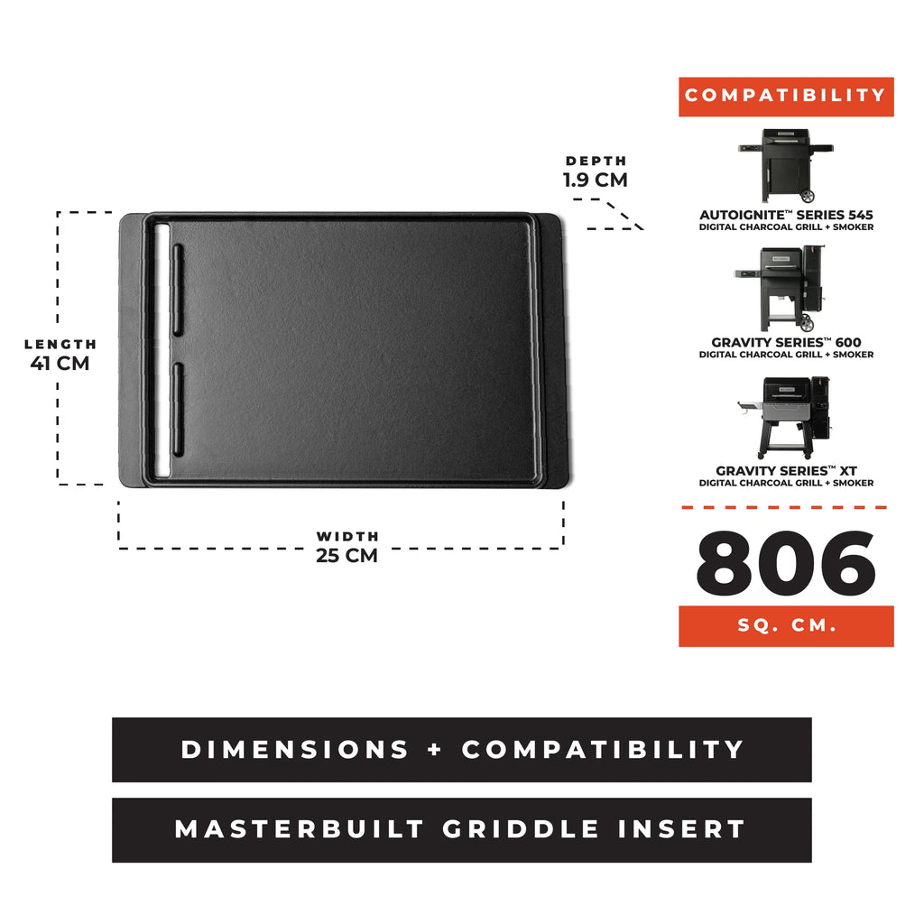 Dimensions + Compatibility: Width: 25 cm. Length: 41 cm. Depth: 1.9 cm. 806 cm² cooking space. Compatible with AutoIgnite 545, Gravity Series 600, and Gravity Series XT