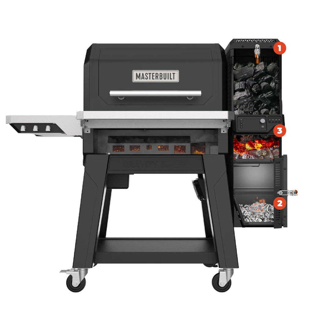 Cutaway view of the Gravity Series XT showing the charcoal and fire in the top hopper  on the right (labeled 1), the ash falling into the bottom hopper on the right (labeled 2), and the control panel mounted between the two hoppers with controls facing outward (labeled 3)
