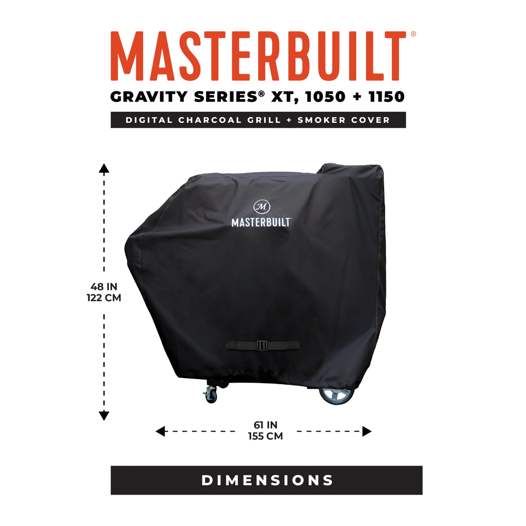 Grill cover dimensions. Width: 61 inches/155 cm. Height 48 inches/122 cm. Compatible with Gravity Series XT, 1050 and 1150.