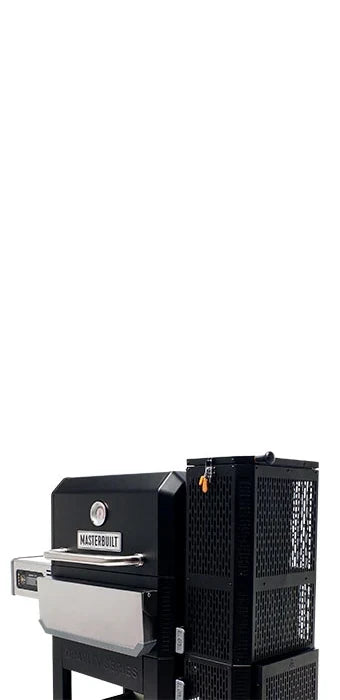 Angled view of a Gravity Series 1050 grill with the charcoal hopper towards the viewer. The folding front shelf is in the down position so you can see the control panel under the left side shelf. 