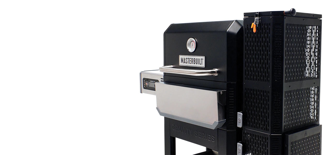 Angled view of a Gravity Series 1050 grill with the charcoal hopper towards the viewer. The folding front shelf is in the down position so you can see the control panel under the left side shelf. 