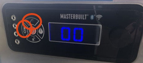 Device controller with "Set Temp" and  "Meat Probe" buttons circled. They are the top and left buttons in the circle of buttons around the power button. The display reads "00".