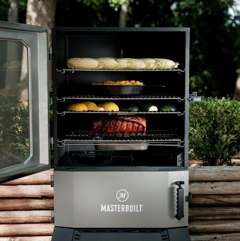High capacity vertical charcoal smoker with over 8500 square centimeters of smoking and cooking space