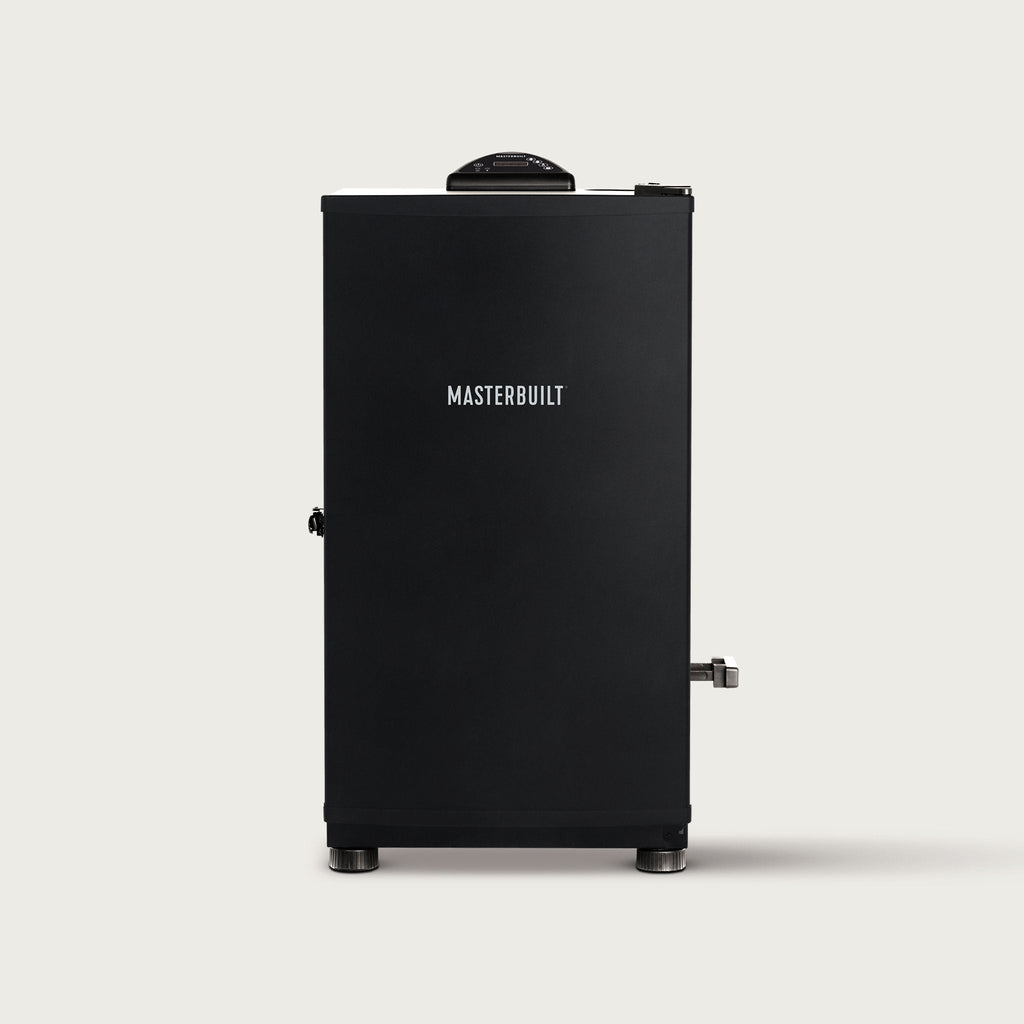 30 inch Masterbuilt Digital Electric Smoker, black smoker cabinet has Masterbuilt printed on the front and curved control panel on top
