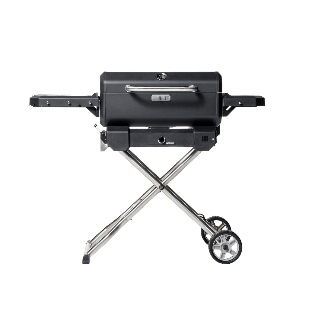 Portable Charcoal BBQ and Smoker on QuickCollapse cart with 2 side shelves