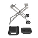 X-shaped cart with brackets to hold BBQ and 2 wheels plus 2 shelves to attach to cart