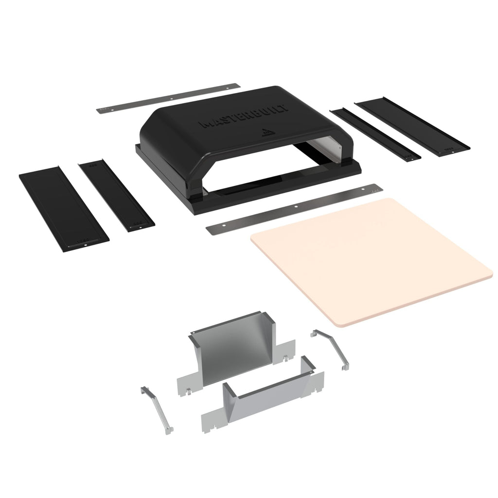 Exploded view of the pizza oven showing body, pizza stone and sizing pieces
