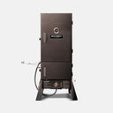 Dual Fuel Smoker. Has 2 doors with cool-touch wire handles, built-in temperature gauge in top door, and temperature control dial in the base