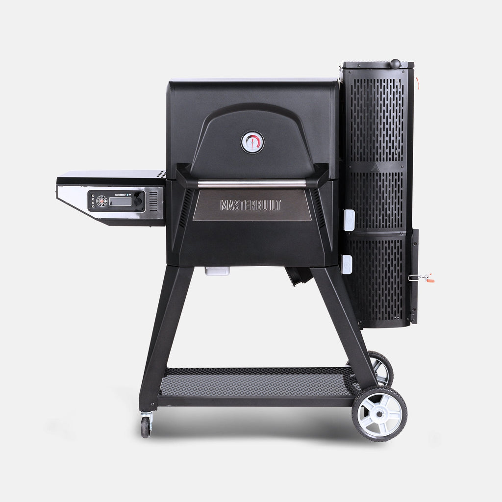 Gravity Series 560 Digital Charcoal BBQ + Smoker on wheeled cart with side shelf on left and charcoal hopper on right