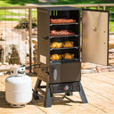 4 racks provide lots of capacity, shown here with 2 racks of ribs and 4 chickens inside the smoker.