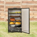 Digital Electric Smoker, open, with ribs, chicken, vegetables and more smoked and ready to eat
