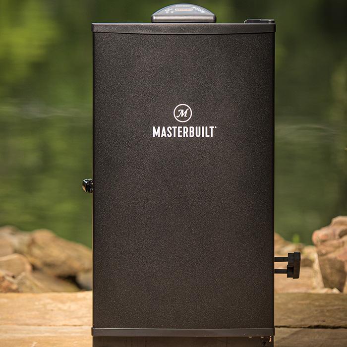 Masterbuilt 30 inch black door digital electric smoker at home on the patio